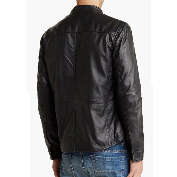 John Varvatos Men's Steve Leather Shirt Jacket Racer Collar Snap/Zip Front Black - Picture 2 of 6